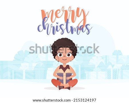 Little girl is holding a gift. New Year concept. Cartoon style. Vector illustration