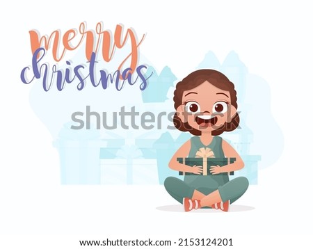 A little girl is holding a gift in her hands. New Year concept. Flat style. Vector illustration