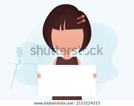 A little girl is holding a blank sheet in her hands. Advertising banner. Flat style. Vector illustration