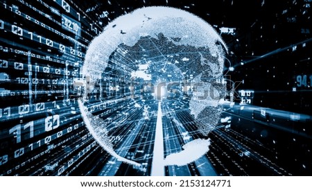 Futuristic global network and tacit digital data transfer 3D graphic . Concept of smart digital transformation and technology disruption that changes global trends in new information era .