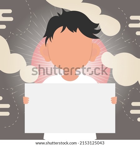 A cute little baby boy is holding a blank tablet in his hands. Place for your logo, text or design. Vector illustration in cartoon style.