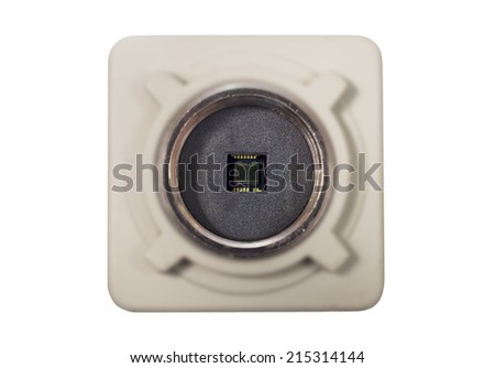 closed up of front side of cctv camera isolated on white
