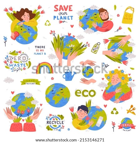 Care About Planet with Ecology Sticker and Slogan as Environment Protection Vector Set