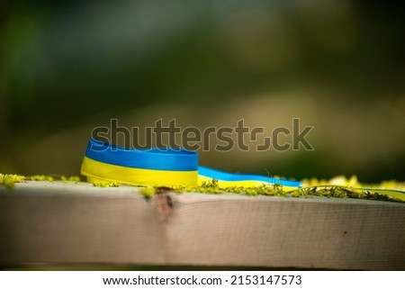Ukrainian ribbon of freedom close up on a green background, yellow and blue patriotic ribbon and place for text, colors of the flag of Ukraine as a symbol of courage, freedom and independence