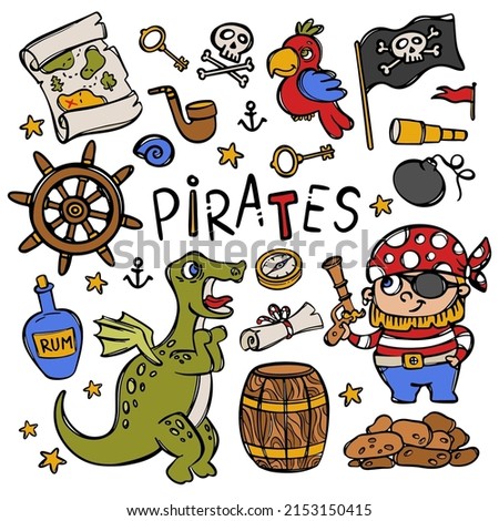 PIRATE AND DRAGON Dinosaur Parrot Rum Bottle And Other Sea Travel Attributes Hand Drawn Cartoon Objects Vector Illustration Clip Art Set For Design And Print