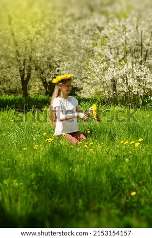 A girl in a wreath of yellow dandelions weaves wreaths in nature