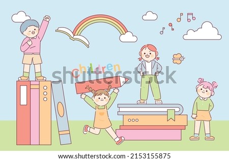 Cute children are playing around with books and pencils. Children education concept. flat design style vector illustration.	