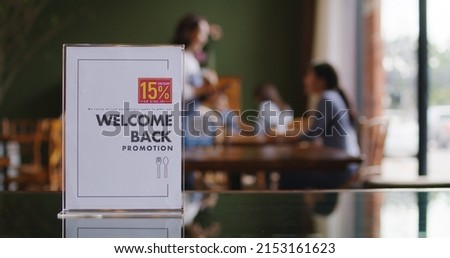 Discount campaign banner coupon in blurred background of asia bakery coffee shop, buy food and drink in cafe after post covid-19 coronavirus pandemic. SME eat meal offer text label for new normal.