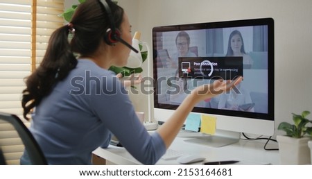 Asia people young woman stress angry bored sad in wifi cut out worry work at home issue video call talk with unreliable low poor loss signal speed or error fail load buffer bad slow internet outage. Royalty-Free Stock Photo #2153164681