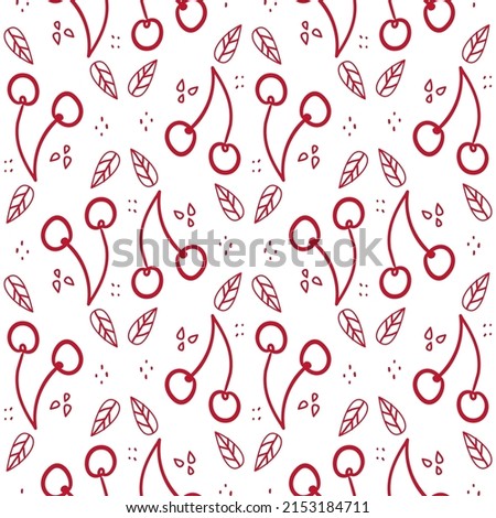 Sweet cherry repeating pattern. Seamless texture with wild berries. Summer motives with fresh healthy food ingredients. Juicy vector illustration for cocktail party or delicious jam production.