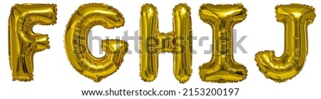 real balloons in the shape of letters f g h i j gold metallic on a white background