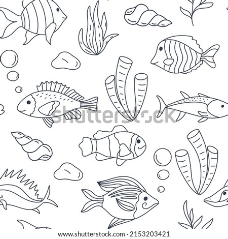 Marine underwater seamless pattern with fish and algae. Background ocean floor. Model coloring marine life. Template for baby stuff, textile, paper, wallpaper and design vector illustration