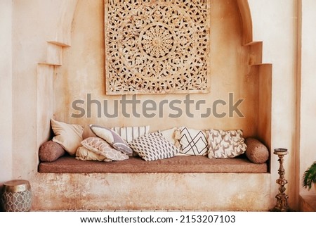 interior of room or apartment in Moroccan style, earth tone  Royalty-Free Stock Photo #2153207103