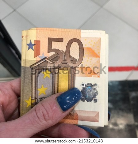 Macro photo 50 euro money in hand. Stock photo euro money bill currency