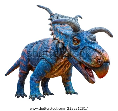 Kosmoceratops is a herbivore genus of ceratopsid dinosaurs that lived during the Late Cretaceous period. Kosmoceratops is isolated on a white background with a clipping path. Royalty-Free Stock Photo #2153212817