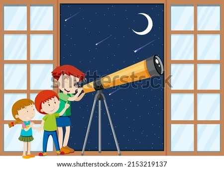 Kids observe night sky with telescope illustration