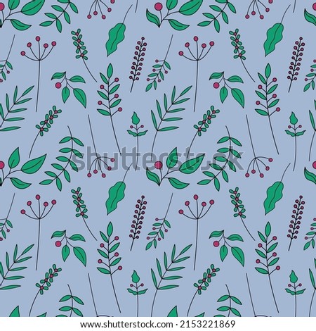 Leaves and berries pattern. Vector seamless background with leaves branches. Summer pattern.