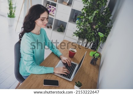 Top above high angle view photo of young lady use laptop economist representative quarantine indoors