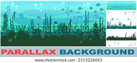 Bottom of reservoir with fish. Set parallax effect. Silhouette. Blue water. Sea ocean. Underwater landscape with animals, plants, algae and corals. Illustration in cartoon style. Flat design. Vector