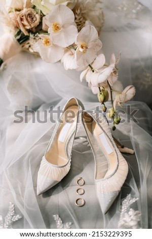 Stylish luxury shoes with lace floral pattern . Modern wedding shoes on tulle in soft morning light. Bridal morning preparations and boudoir. Flat lay  Royalty-Free Stock Photo #2153229395