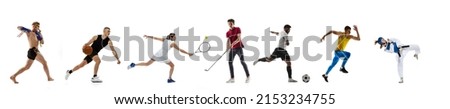 Collage of image of players of tennis, golf, soccer, football, basketball, runner, fitness and MMA boxer and judo. Fit women and men isolated on white background. Flyer, poster