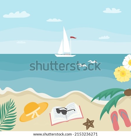 Summer time. Sea ​​coast. Boat with sails, hat, flip flops, book, sunglasses, palm. Vector illustration 
