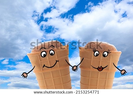 ice cream cartoon men. couple ice cream on the sky background                               