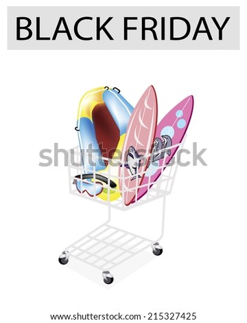 A Shopping Cart Full with Inflatable Boat or Inflatable Raft, Surfboards and Scuba Mask for Black Friday Shopping Season and Biggest Discount Promotion in A Year. 