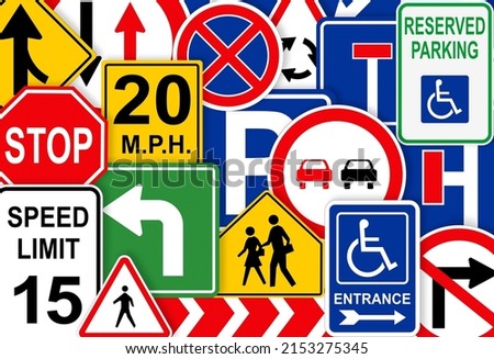Collection of different traffic signs as background Royalty-Free Stock Photo #2153275345