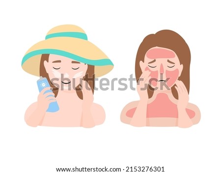 Woman with sunburn problem and woman in hat smears sunscreen on her skin. The concept of beauty and health. Vector illustration isolated on white background. Royalty-Free Stock Photo #2153276301