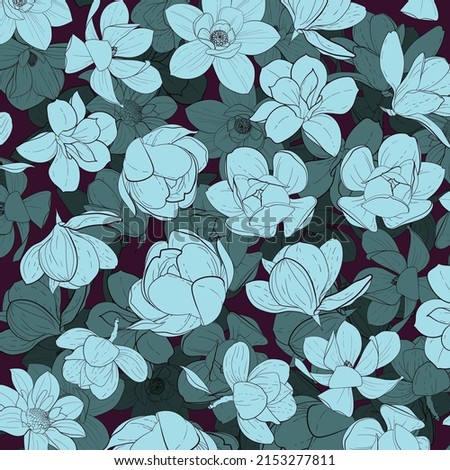 Seamless floral pattern. Bright blue flowers on a dark pink background