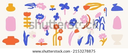 Large set of abstract bold flowers and vases. Floral spring-summer collection. Vector illustration of isolated flowers on a white background. Simple natural elements. Various botanical plants