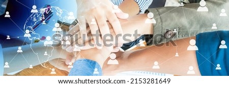 Many Hands Lying On Top Of Each Other. With Illustrator image of social media and network. Business meeting online.