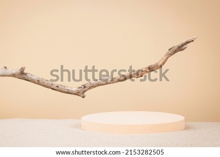 Empty round beige platform podium and dry tree twigs on white beach sand background. Minimal creative composition background for cosmetics or products presentation. Front view Royalty-Free Stock Photo #2153282505