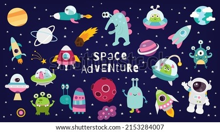 Space adventure cartoon set – Astronaut, Aliens, Spacecraft, Flying saucers, Planets on space background.  Vector illustration. Royalty-Free Stock Photo #2153284007