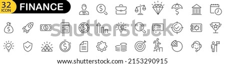 Business and finance icon set. Finance editable stroke line icon set with money. Minimal thin line web icon set. Money, bank, check, law, auction, exchance, payment. Vector illustration.