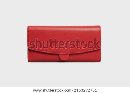 Red classic women's Wallet Purse Pouch. Leather clutch for women female ladies isolated on white background in front, mock up Royalty-Free Stock Photo #2153292751
