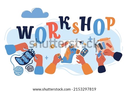 Cartoon vector illustration of Creative workshop, children, draw, make plasticine, knitting, template banner educational courses for children