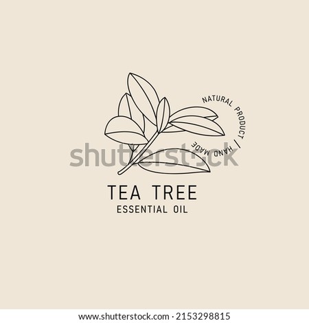 Vector packaging design element and icon in linear style - tea tree oil - healthy vegan food. Logo sign Royalty-Free Stock Photo #2153298815