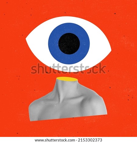 Attenive look. Contemporary art collage. Female bust with giant drawn eye isolated over bright red background. Concept of pop art, creativity, surrealism, imagination. Abstract design Royalty-Free Stock Photo #2153302373