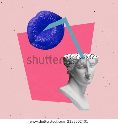 Having fun. Contemporary art collage. Abstract image with antique statue bust and pink female lips isolated over pink background. Party time. Concept of pop art, creativity, surrealism, imagination