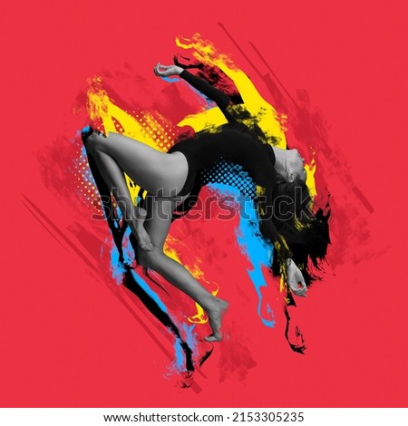 Street dance. Creative artwork with stylish contemp dancer, beautiful woman dancing isolated on red background with colorful glitch effect. Dance, grace, youth, graphics, contemporary art collage.