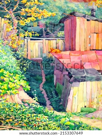 Hand drawn abstract artist paint sketch bright fall urban street trail way travel town city dirt log farm cabin wall roof scenic view. Outdoor retro spring grass bush plant leaf land age artwork scene