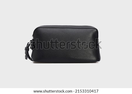 Black classic unisex men's women's Cosmetic Case Wallet Purse Pouch. Leather Bag for wan woman isolated on white background in front, mock up Royalty-Free Stock Photo #2153310417