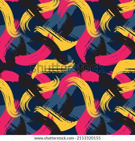 Abstract vector creative pattern with brush strokes. Colorful background for printing brochure, poster, card, print, textile,magazines, sport wear. Modern trendy design. Pink, yellow, black and blue. Royalty-Free Stock Photo #2153320155