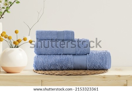 3 Piece Plush Bath Towels Set Isolated. Close-Up Shot Woven Terrycloth. Brand New Hotel  Spa Cotton Soft Beautiful Design Kitchen Towels. three Piece 100 Cotton Ultra Absorbent Terry Hand Towel
  Royalty-Free Stock Photo #2153323361