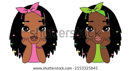 Cute african american girls with dreads. Baby girl with dreadlocks hair, cartoon vector art illustration