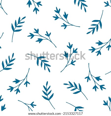Simple calm floral vector seamless pattern. Blue twigs, leaves on a white background. For fabric prints, textiles, clothing, shirts.