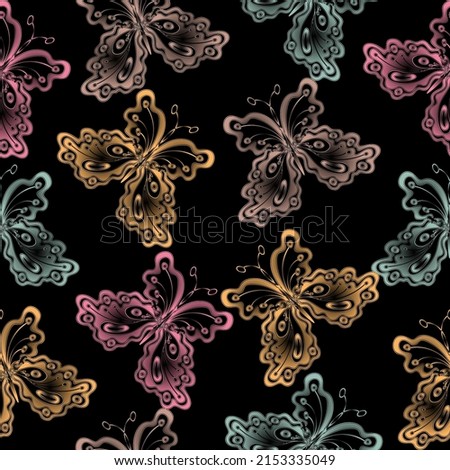 Butterflies seamless pattern. Colorful butterflies on black background. Vector. Print of luna astrology moth pattern. 