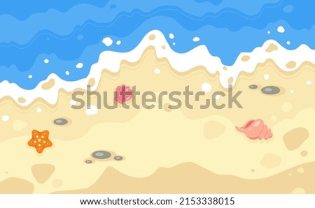 Summer background with sand and ocean. Summer seaside landscape. Cartoon illustration of a beach, sea waves, sand and shellfishes.  Royalty-Free Stock Photo #2153338015
